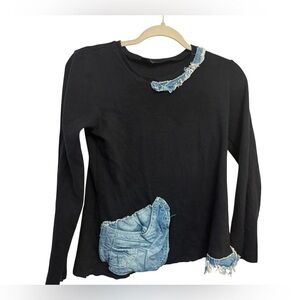 Chic Black Top with Denim Details